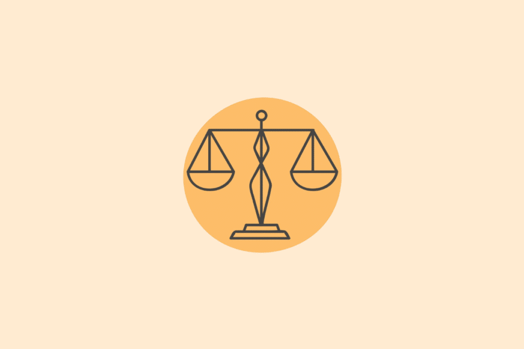 Ilustração minimalista em traços pretos sobre um círculo amarelo-alaranjado, mostrando uma balança de dois pratos em equilíbrio, representando o signo de Libra.
