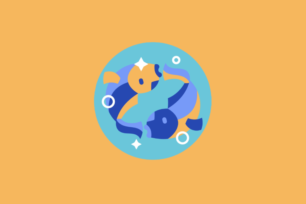 Ilustração vetorial em círculo azul representando o signo de Peixes. Mostra dois peixes estilizados em tons de azul e laranja nadando em círculo em direções opostas. A imagem está centrada em um fundo laranja