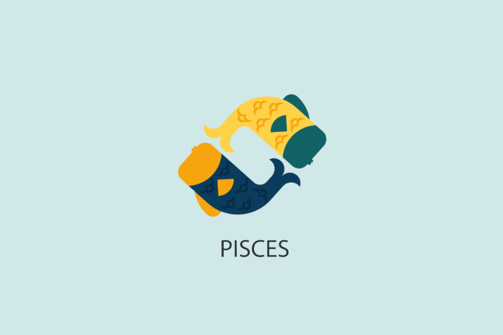 Ilustração vetorial em estilo plano de dois peixes dispostos em formato circular apontando em direções opostas, sobre um fundo azul-claro com a palavra "PISCES" escrita abaixo.