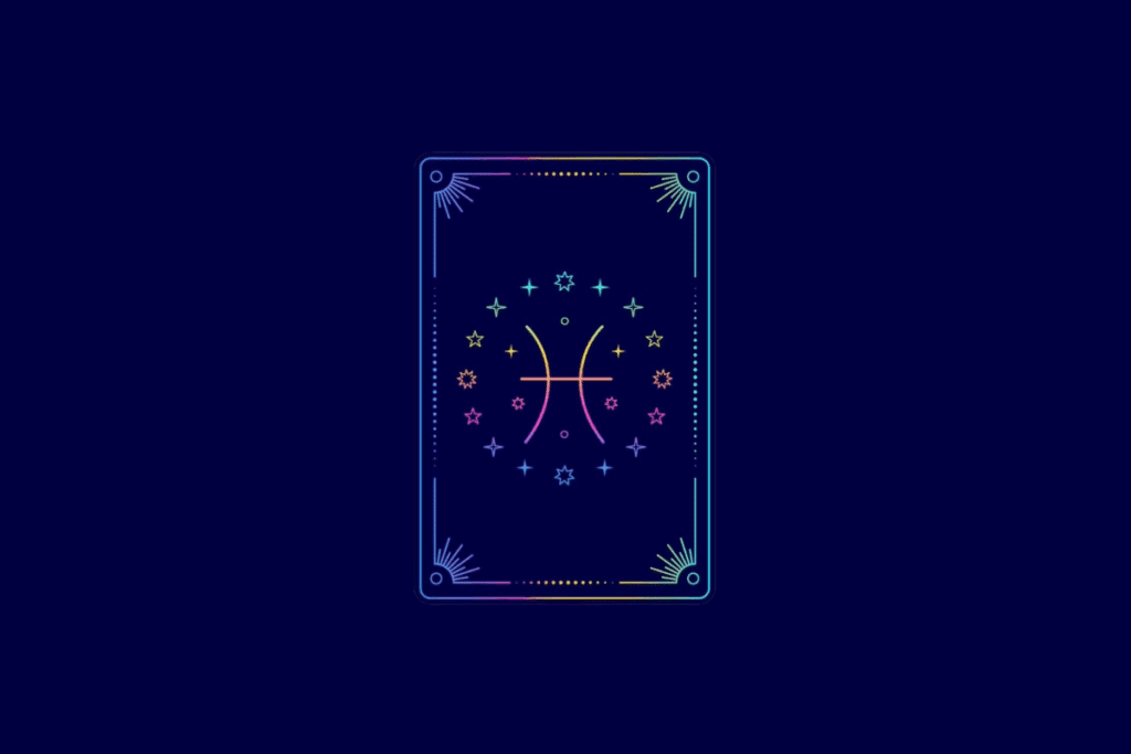 Ilustração no estilo carta de tarot com fundo azul-escuro e moldura retangular em gradiente colorido. No centro, o símbolo do signo de Peixes.