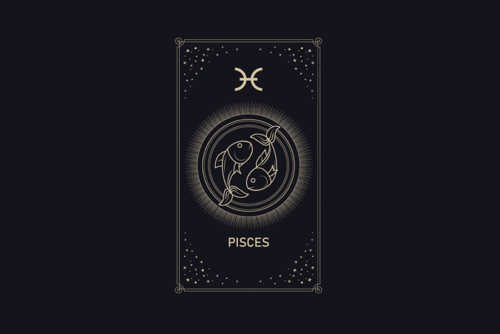 Ilustração em linhas douradas em fundo escuro com a palavra "Pisces". No centro, dois peixes nadando em círculo iluminado, com o símbolo de Peixes no topo e estrelas ao redor.