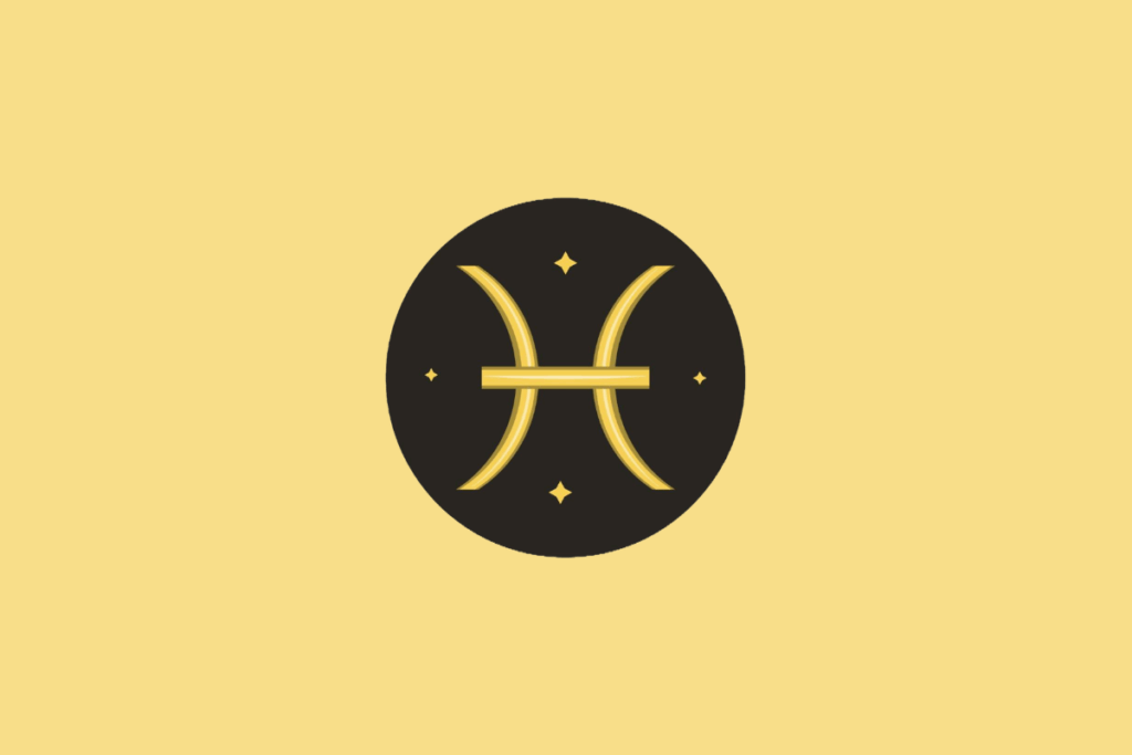 Símbolo do signo de Peixes em um círculo preto sobre fundo amarelo.
