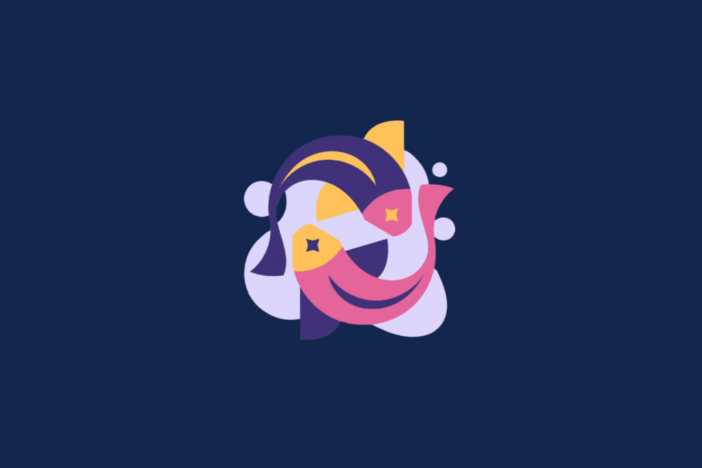 Ilustração do signo de Peixes sobre fundo azul-escuro. Dois peixes dispostos em formato circular nadam em direções opostas: o superior na cor roxa com detalhes amarelos e o inferior na cor rosa. Ambos possuem olhos em formato de estrela e estão sobre uma forma fluida lilás ao fundo.