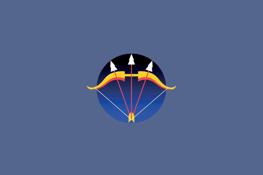 Ilustração do signo de Sagitário, apresentando um arco dourado e vermelho com três setas brancas apontadas para cima, dentro de um círculo com degradê azul e preto.