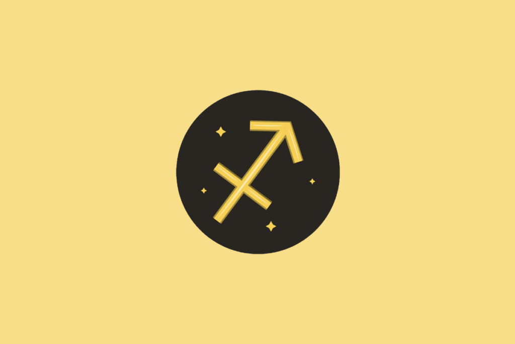 Símbolo do signo de Sagitário em um círculo preto sobre fundo amarelo.