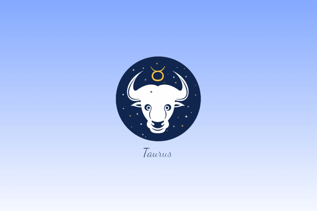 Ilustração do signo de Touro com a cabeça de um touro branco de chifres curvados dentro de um círculo azul-escuro estrelado, acompanhado pelo símbolo em amarelo e o nome "Taurus" escrito abaixo.