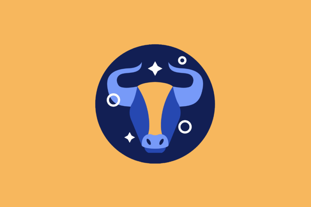 Ilustração vetorial em círculo azul-escuro representando o signo de Touro. Mostra a cabeça de um touro de frente, com chifres curvados em tom azul-claro e detalhes laranjas. A imagem está centrada em um fundo laranja
