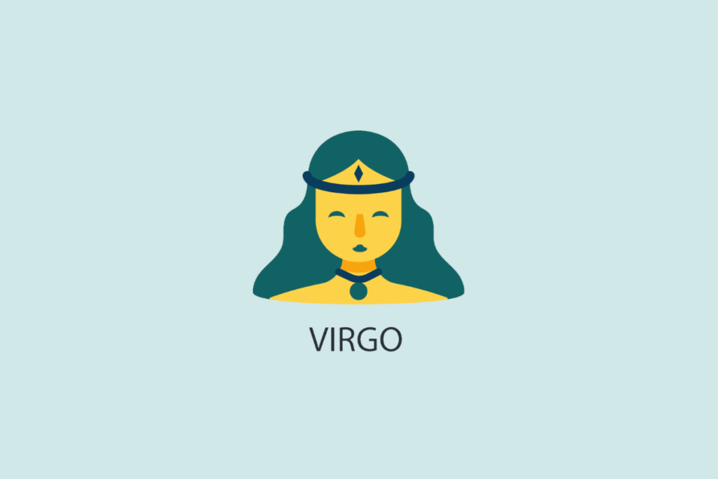 Ilustração vetorial em estilo plano do rosto de uma mulher de cabelos longos e tiara, em tons de amarelo e azul, sobre um fundo azul-claro com a palavra "VIRGO" escrita abaixo.