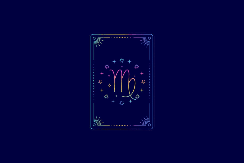 Ilustração no estilo carta de tarot com fundo azul-escuro e moldura retangular em gradiente colorido. No centro, o símbolo do signo de Virgem.