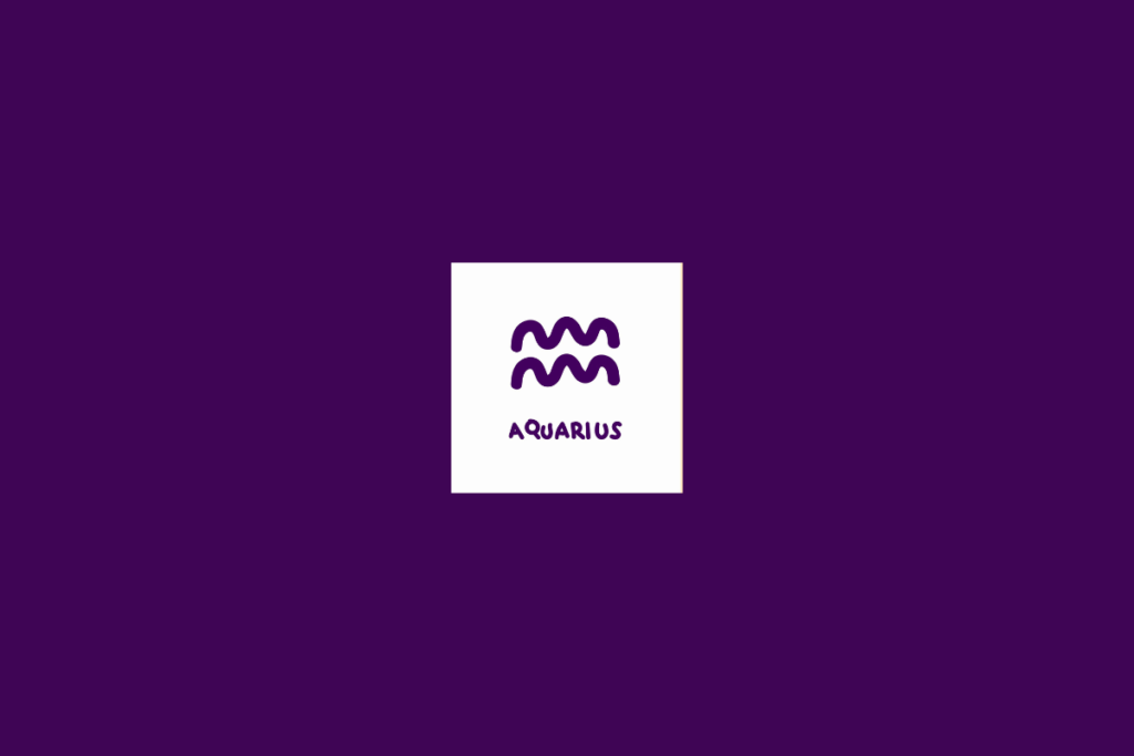 Ilustração do signo de aquário dentro de um quadrado branco e centralizado em fundo roxo-escuro