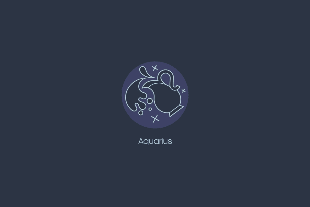 Ilustração do signo de aquário dentro de um círculo azul-claro com estrelas, nome do signo abaixo e fundo azul-escuro
