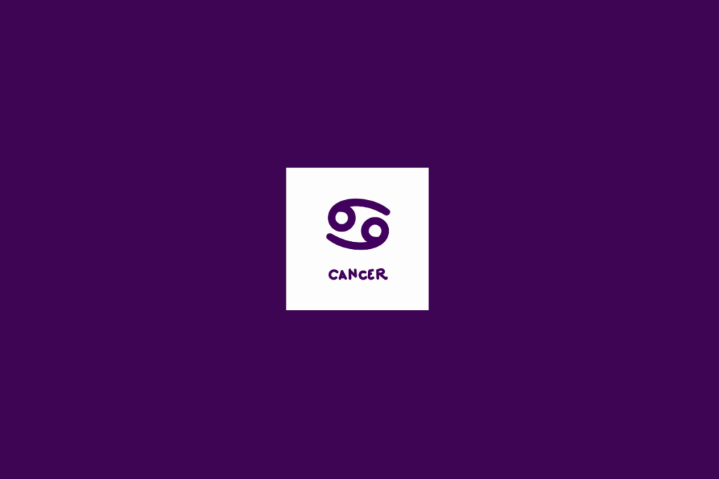 Ilustração do signo de câncer dentro de um quadrado branco e centralizado em fundo roxo-escuro
