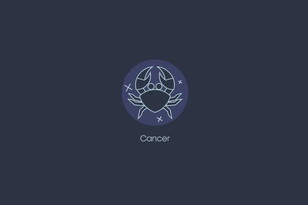 Ilustração do signo de câncer dentro de um círculo azul-claro com estrelas, nome do signo abaixo e fundo azul-escuro