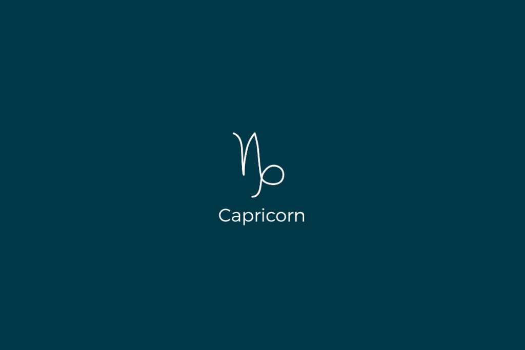 Ilustração do signo de capricórnio, com o nome do signo abaixo, centralizado em um fundo verde-escuro