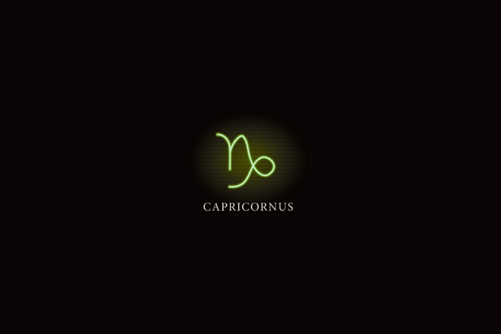Ilustração do símbolo do signo de capricórnio em verde, com o nome do signo abaixo, sobre fundo preto