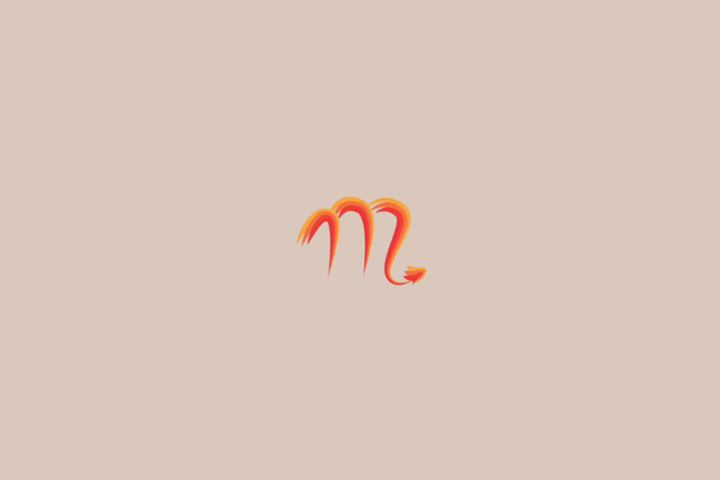 Ilustração do signo de escorpião, na cor laranja, centralizada sobre um fundo bege-claro