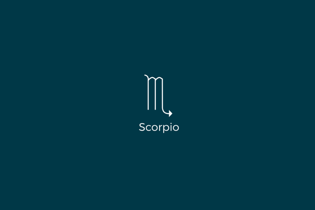 Ilustração do signo de escorpião, com o nome do signo abaixo, centralizado em um fundo verde-escuro