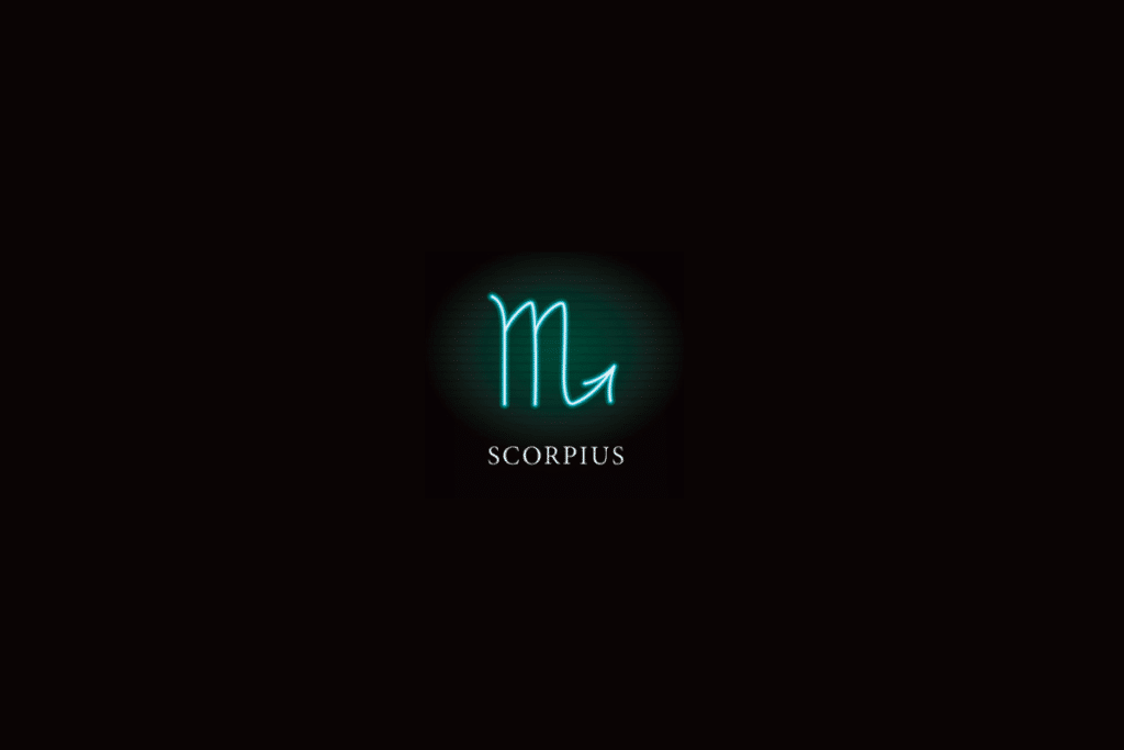Ilustração do símbolo do signo de escorpião em verde água, com o nome do signo abaixo, sobre fundo preto