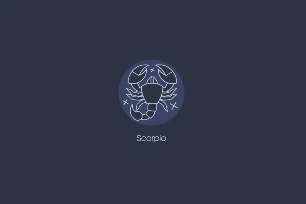 Ilustração do signo de escorpião dentro de um círculo azul-claro com estrelas, nome do signo abaixo e fundo azul-escuro
