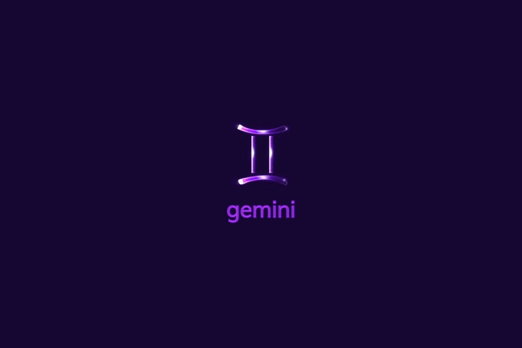 Ilustração do signo de gêmeos em roxo-claro, com luzes brancas, nome do signo abaixo e composição centralizada sobre fundo roxo-escuro