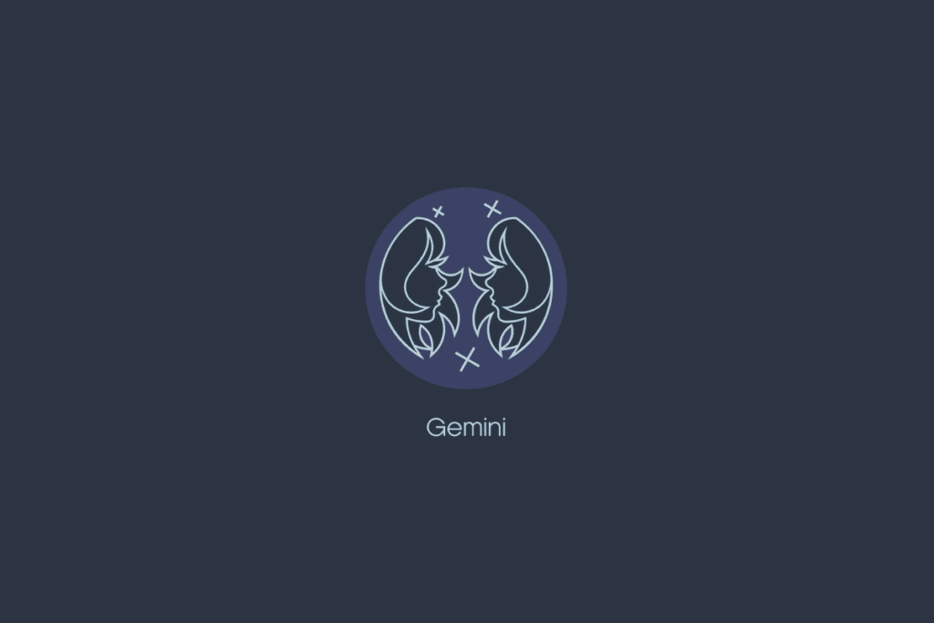 Ilustração do signo de gêmeos dentro de um círculo azul-claro com estrelas, nome do signo abaixo e fundo azul-escuro