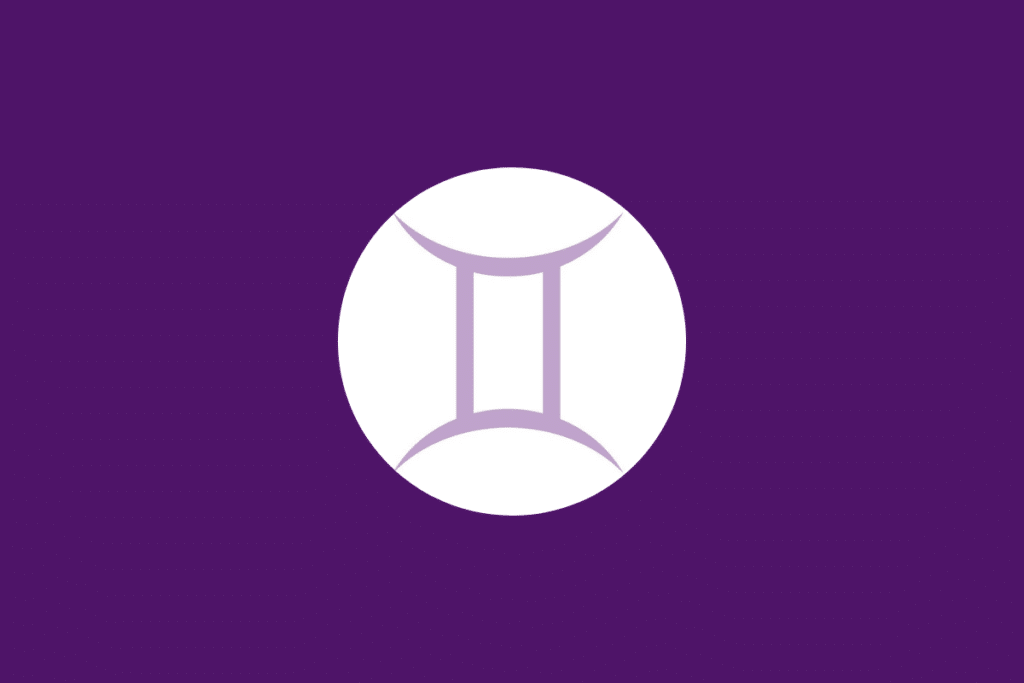 Círculo branco centralizado em fundo roxo e com o símbolo de gêmeos dentro