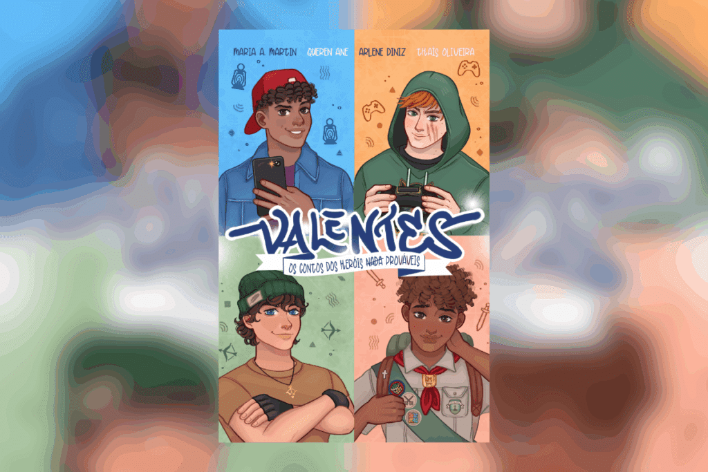 Capa ilustrada do livro “Valentes”, com retratos de quatro jovens em quadrantes coloridos.