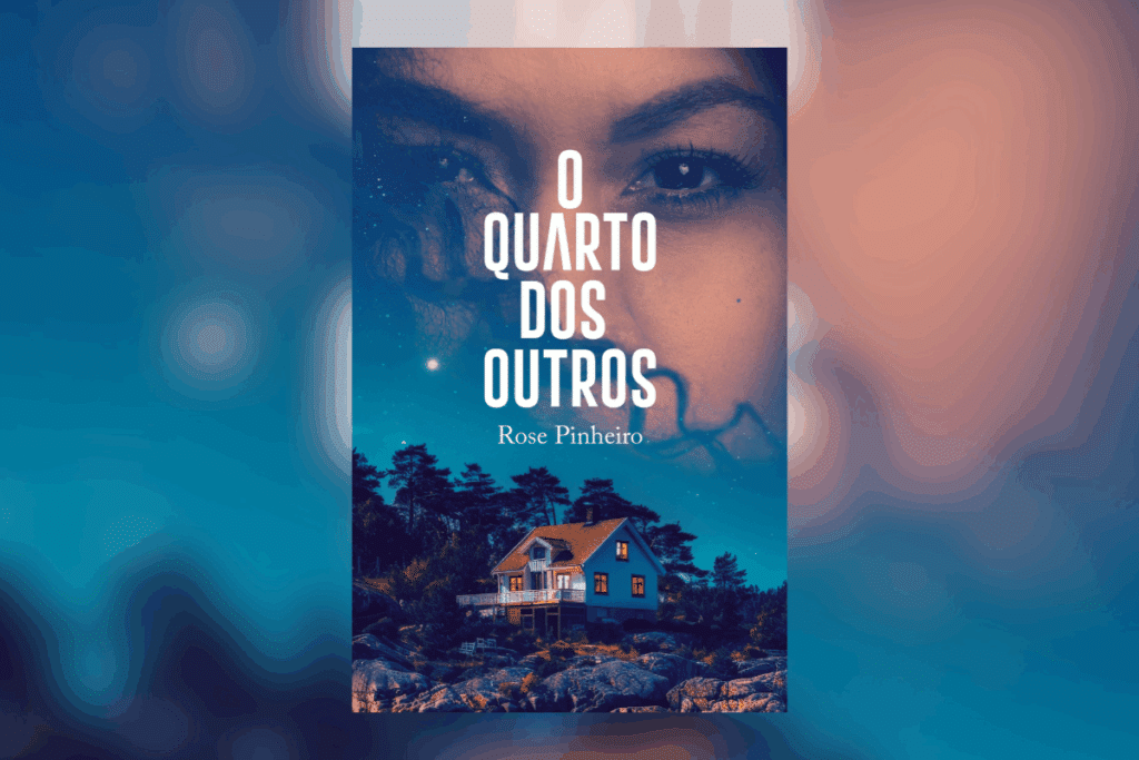 Capa do livro “O quarto dos outros”, com o rosto de uma mulher acima de uma casa isolada à noite.