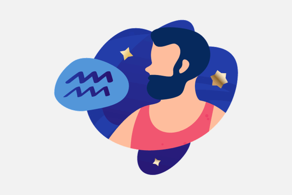 Ilustração do signo de Aquário, contendo o perfil de um homem de cabelo e barba azul-escuros e o símbolo das ondas de água em um balão azul.