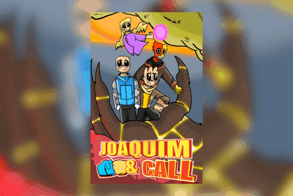 Capa ilustrada do livro “Joaquim e Call - O Mundo Submerso”, com quatro personagens sobre uma rocha.