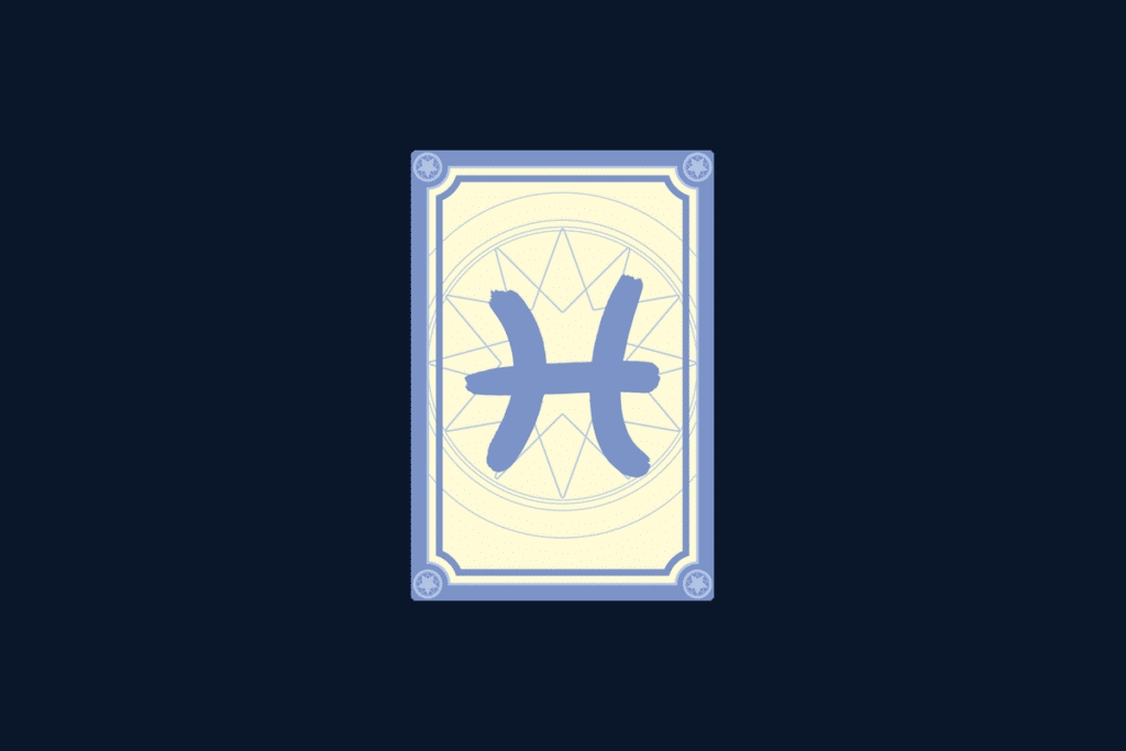 Ilustração do signo de Peixes, contendo o símbolo dos peixes, com dois arcos opostos unidos por um traço horizontal, no centro de uma carta de tarô, em fundo azul-escuro