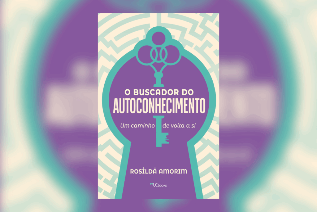 Capa do livro “O buscador do autoconhecimento”, com uma chave dentro de um buraco de fechadura.
