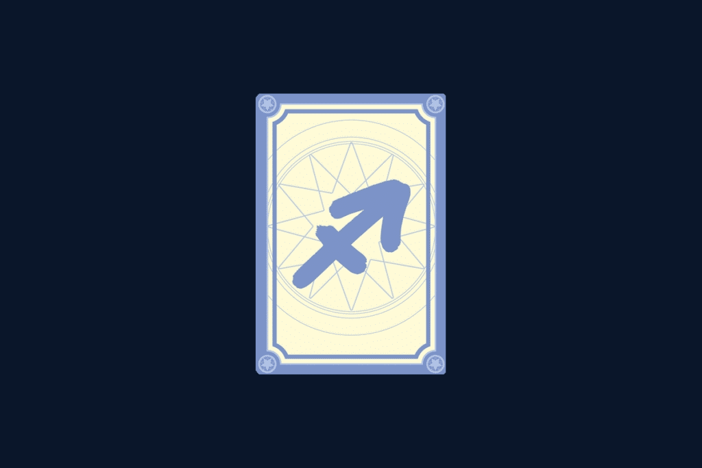 Ilustração do signo de Sagitário, contendo o símbolo do arqueiro, com uma flecha diagonal cortada por um traço, no centro de uma carta de tarô, em fundo azul-escuro