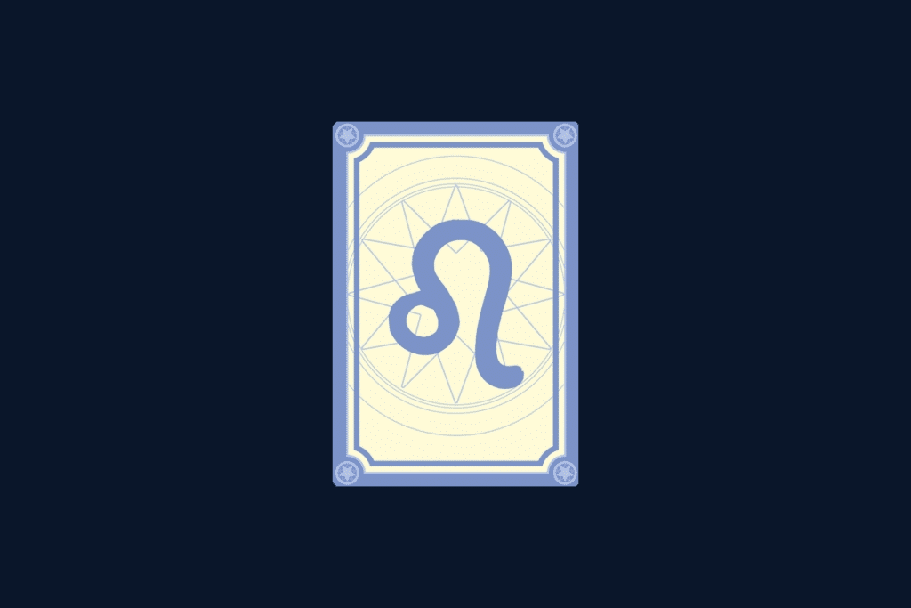 Ilustração do signo de Leão, contendo laço circular seguido de uma cauda curva, no centro de uma carta de tarô, em fundo azul-escuro