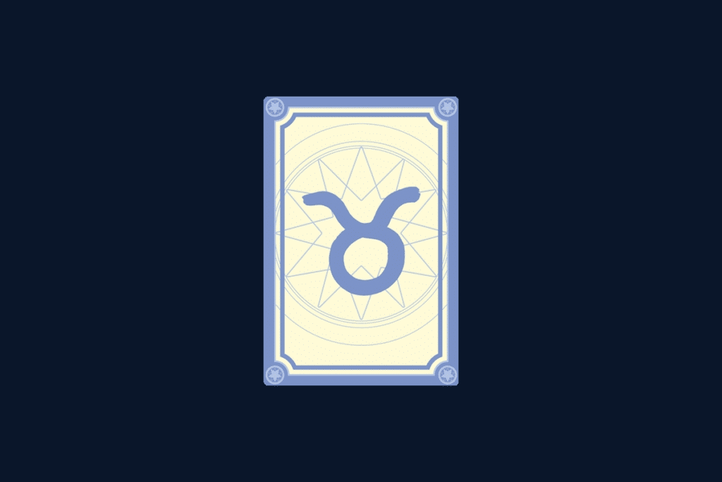 Ilustração do signo de Touro, contendo um círculo encimado por chifres, no centro de uma carta de tarô, em fundo azul-escuro