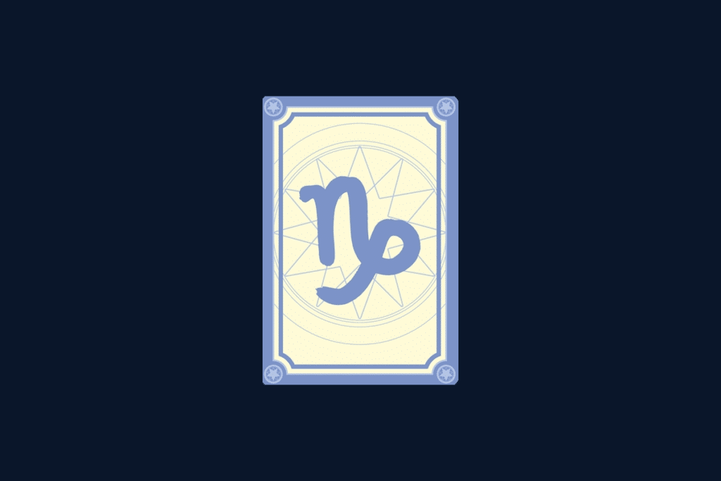 Ilustração do signo de Capricórnio, contendo a letra N seguida de um laço em forma de cauda, no centro de uma carta de tarô, em fundo azul-escuro