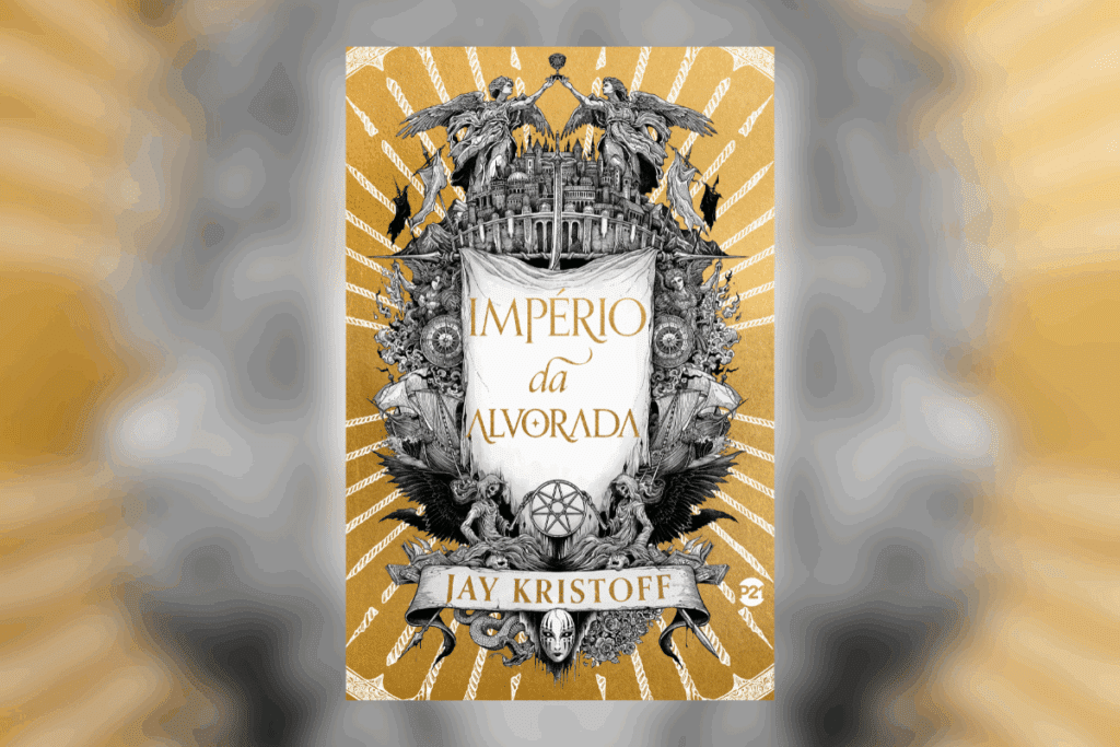 Capa dourada do livro “Império da Alvorada”, com brasão ilustrado em preto e branco.