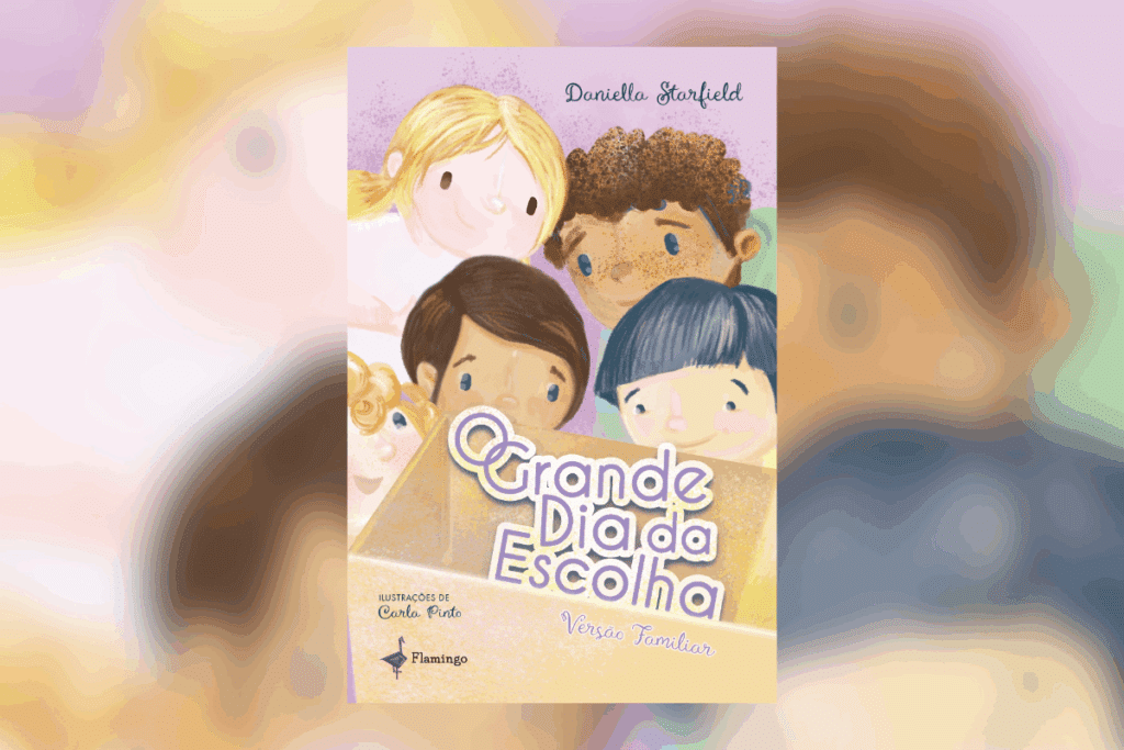 Capa ilustrada do livro “O grande dia da escolha”, com cinco crianças olhando para dentro de uma caixa.