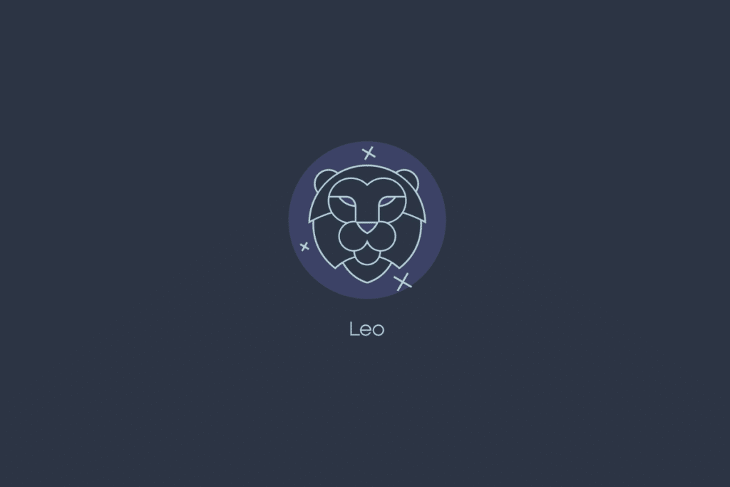 Ilustração do signo de leão dentro de um círculo azul-claro com estrelas, nome do signo abaixo e fundo azul-escuro