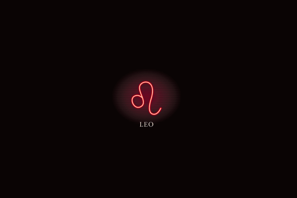 Ilustração do símbolo do signo de leão em vermelho, com o nome do signo abaixo, sobre fundo preto