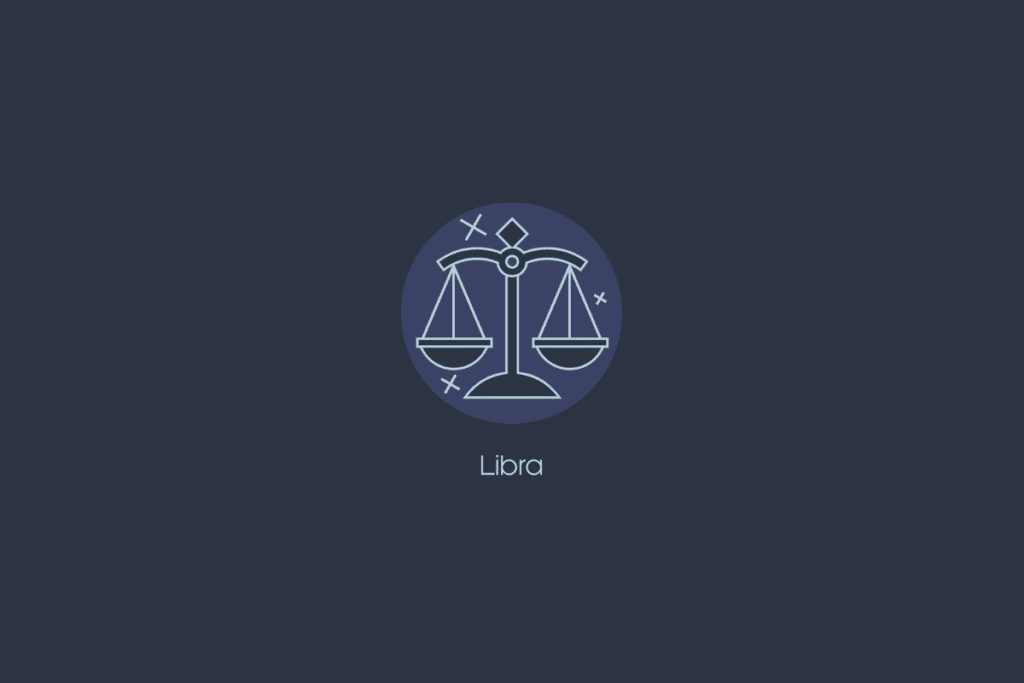 Ilustração do signo de libra dentro de um círculo azul-claro com estrelas, nome do signo abaixo e fundo azul-escuro