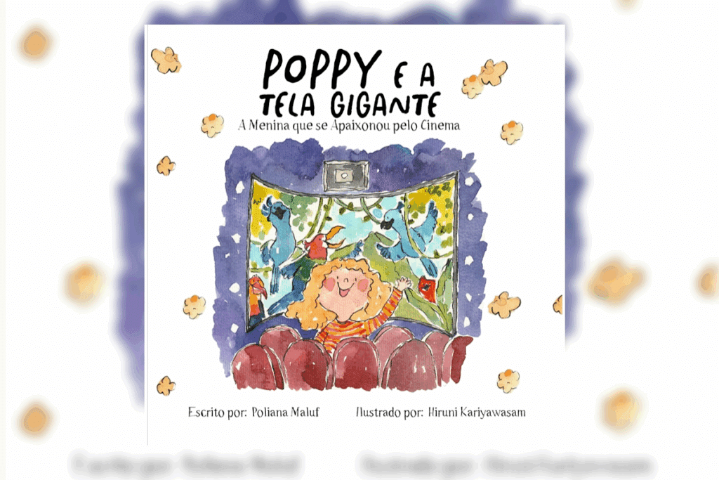 Capa de livro branca com  título e nome do autor em preto e ilustração de menina com cabelo loiro, usando camisa laranja listrada no cinema, com tela com animais ao fundo
