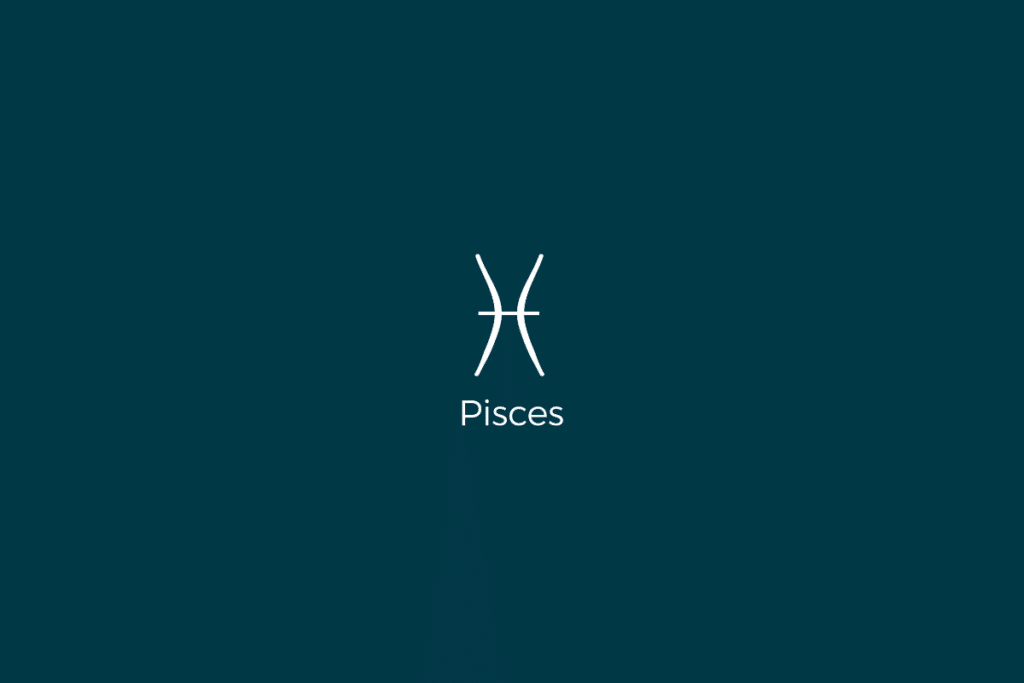 Ilustração do signo de Peixes, com o nome do signo abaixo, centralizado em um fundo verde-escuro