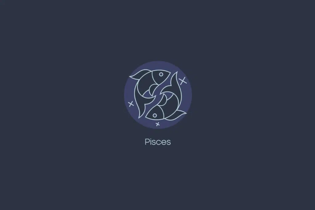 Ilustração do signo de peixes dentro de um círculo azul-claro com estrelas, nome do signo abaixo e fundo azul-escuro