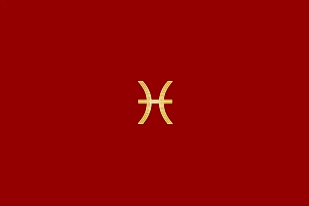 Ilustração do signo de peixes em dourado, centralizado em fundo vermelho