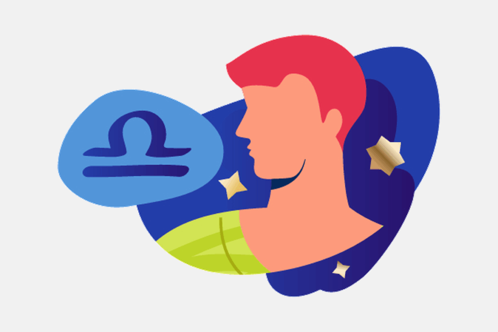 Ilustração do signo de Libra, contendo o perfil de um homem de cabelo vermelho e o símbolo de Libra em um balão azul.
