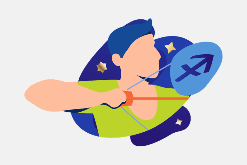 Ilustração do signo de Sagitário, contendo um homem de cabelo azul esticando um arco e flecha e o símbolo de Sagitário em um balão azul.