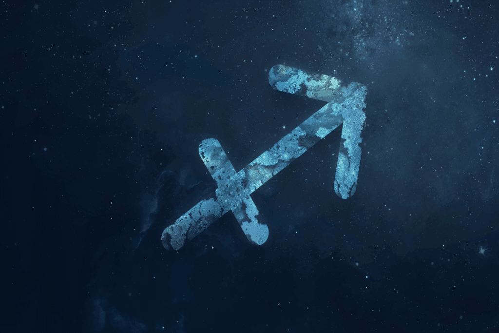 A imagem mostra o símbolo do signo de sagitário em destaque sobre um fundo que representa o espaço, repleto de estrelas e nebulosas. O ícone aparece em tons de azul, com textura que se mistura ao cenário cósmico.