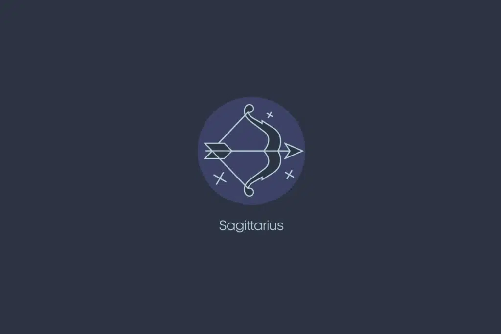 Ilustração do signo de sagitário dentro de um círculo azul-claro com estrelas, nome do signo abaixo e fundo azul-escuro