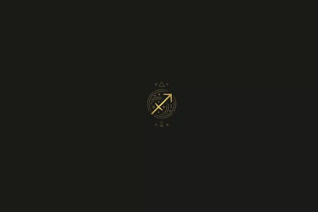 Ilustração do signo de sagitário na cor dourada, com estrelas, quadrados e triângulos ao redor, em um fundo preto